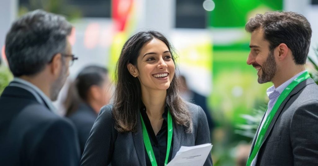 2 men and a woman smiling and talking at a tradeshow