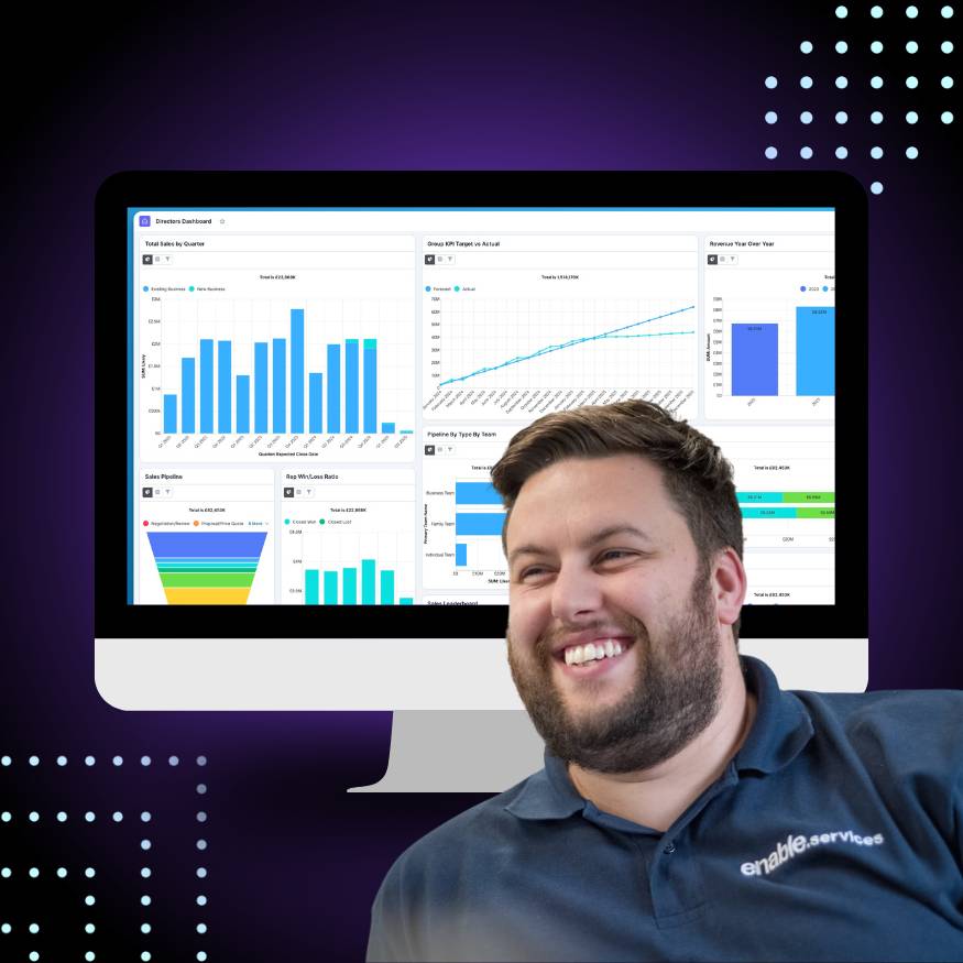 Man in enable top smiling over a dashboard of sugarcrm
