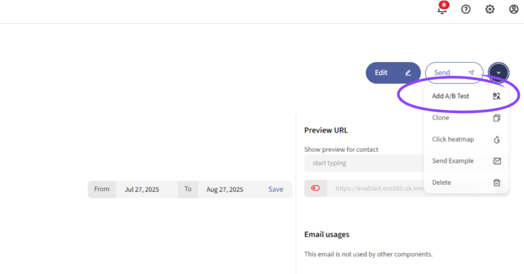 Screenshot of the A/B dropdown option within a Mautic email
