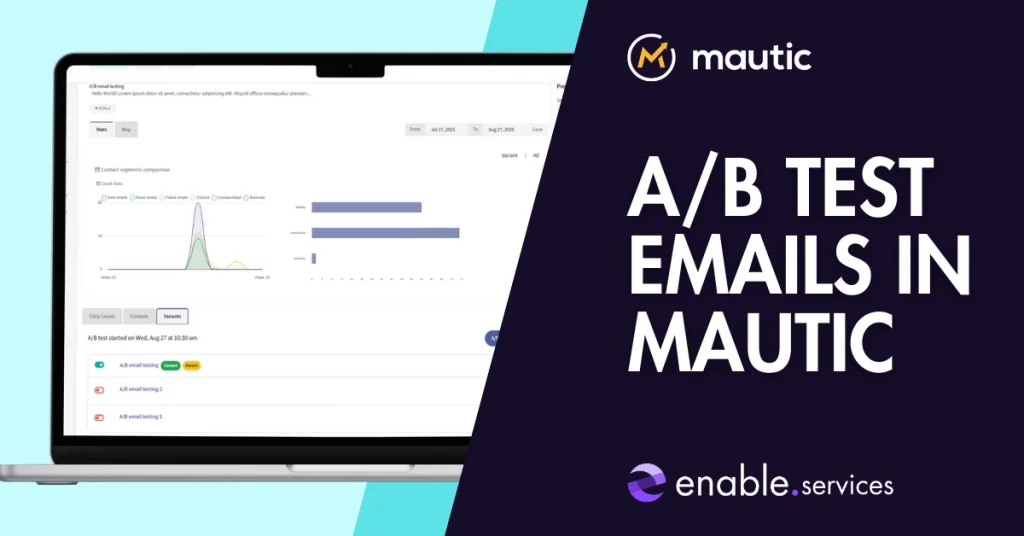 Image showing text A/B test emails in Mautic with a screenshot of the A/B test email screen