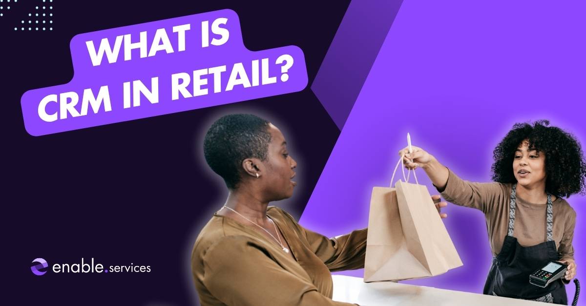 What is crm in retail title next to a cashier handing a customer a bag