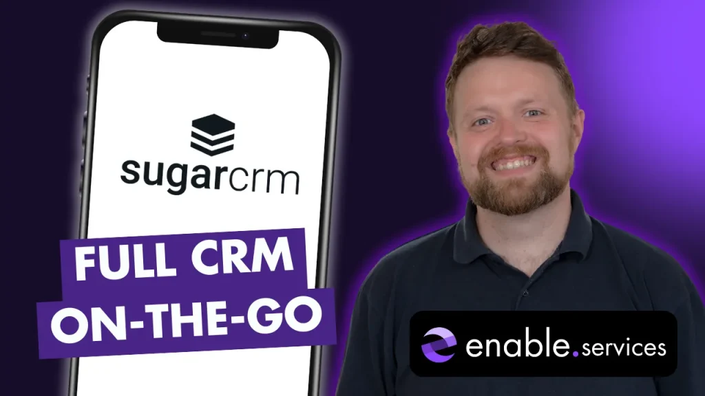Graphic showing a large mobile phone with the SugarCRM logo and man next to it.