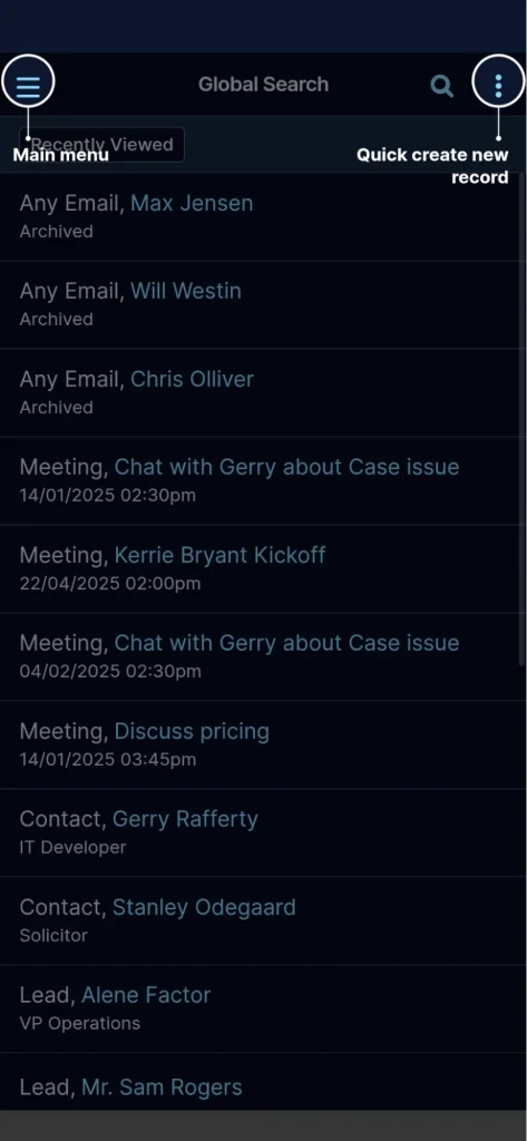 Screenshot showing the home page of the Sugar Mobile App, highlighting the icons for 'Main Menu' and 'Quick create new record'.