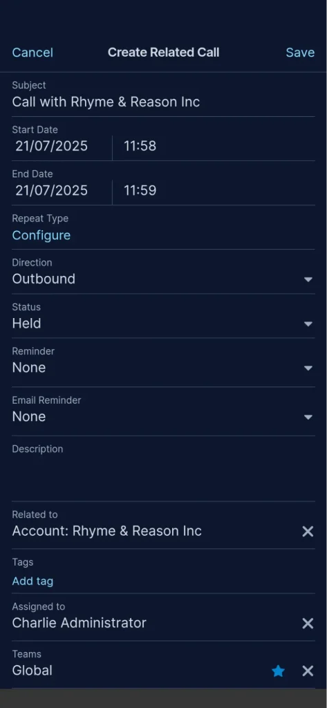 Screenshot showing a new call record being created int he Sugar Mobile app.