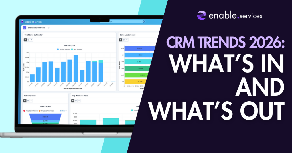 Image of SugarCRM on a laptop with text next to it stating CRM Trends 2026: What’s In and What’s Out