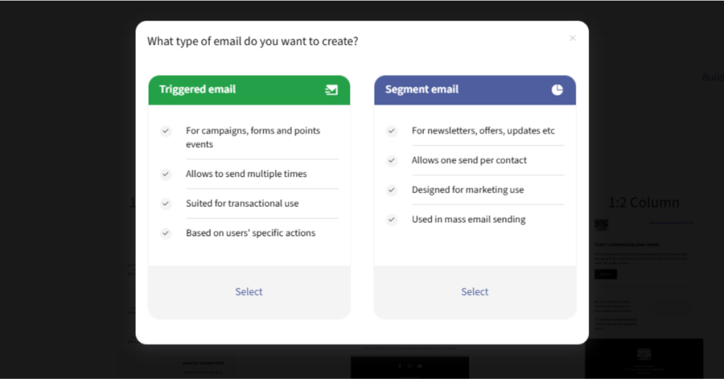screenshot showing the email selection page when creating an email in mautic