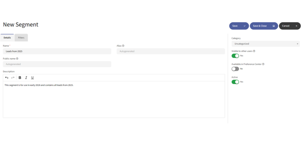 Screenshot of the segment creation page where you add a name and description