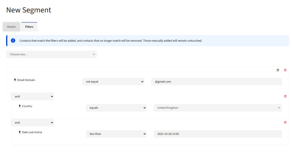 Screenshot of the segment filter creation sccreen.