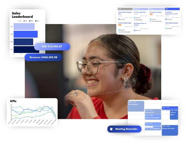woman smiling at desk with graphics around the photo of crm stats and dashboards
