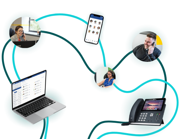 graphic showing VoIP phones and image of people having phone calls
