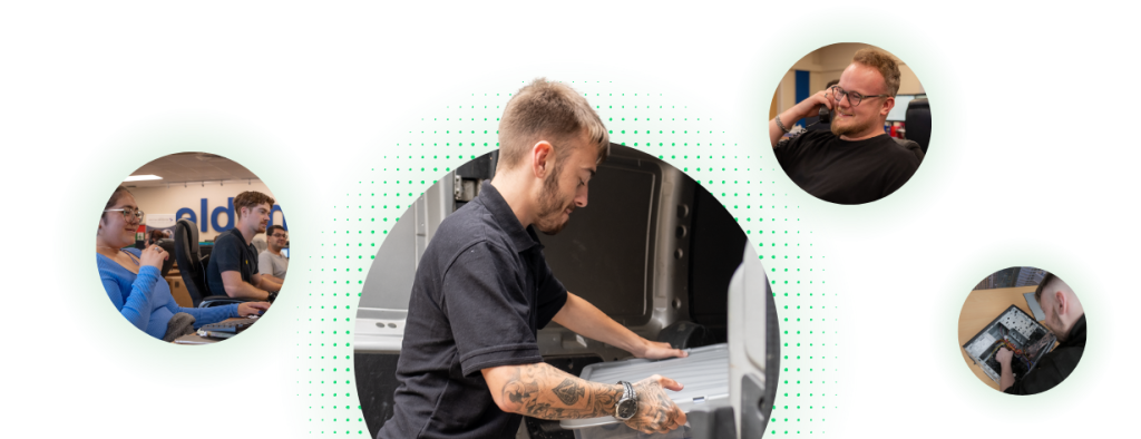 graphic showing images of people working on computers and PCs