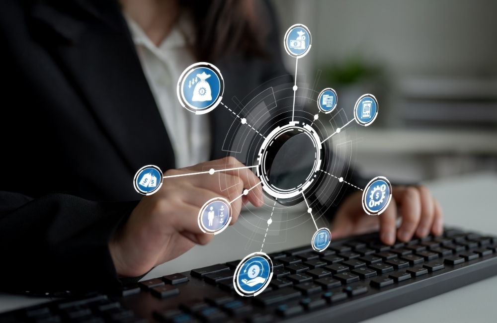 woman pointing at integration graphic