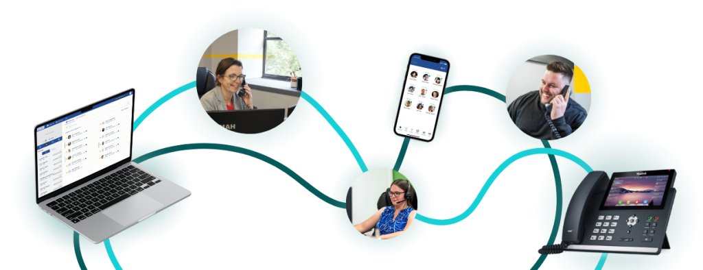 graphic showing VoIP phones and image of people having phone calls