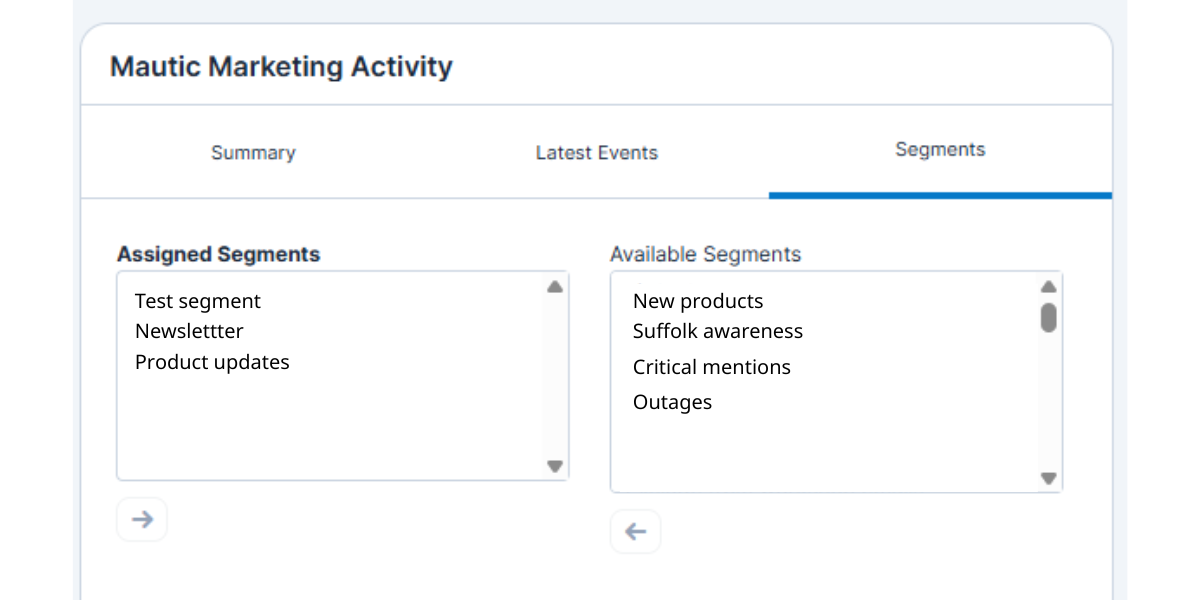 a screenshot showing the segments section within the mautic sugar integration