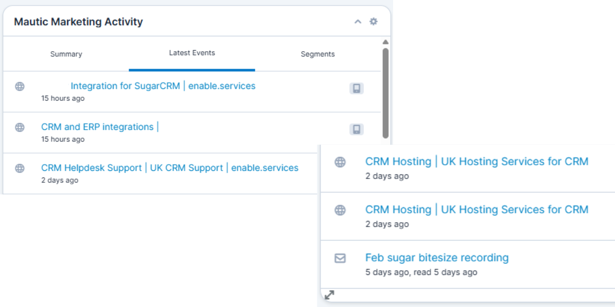 a screenshot showing a contacts webiste activity within sugar