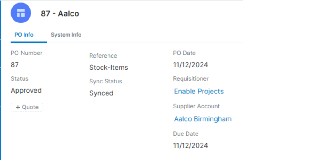 screenshot showing an order within sugar syncing to quickbooks