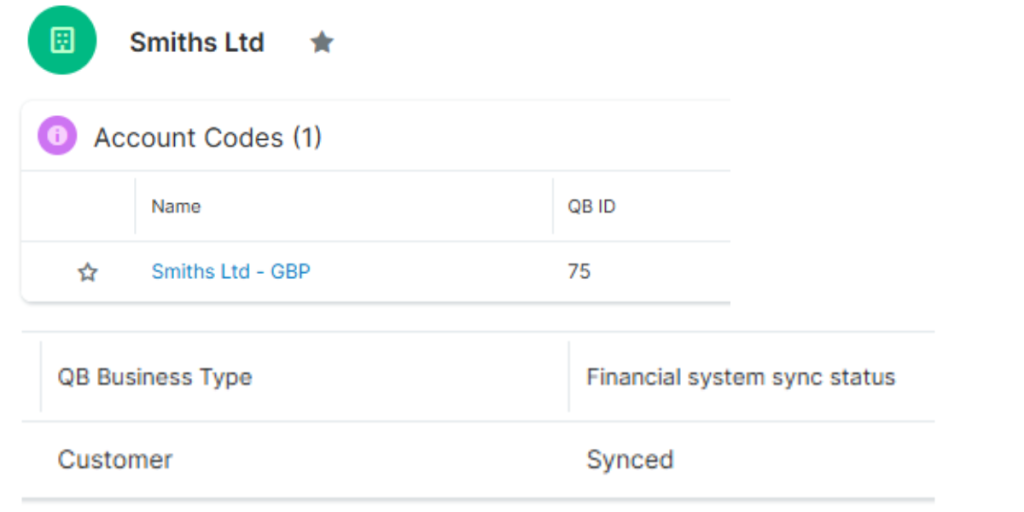 screenshot showing an account synced into sugar from quickbooks