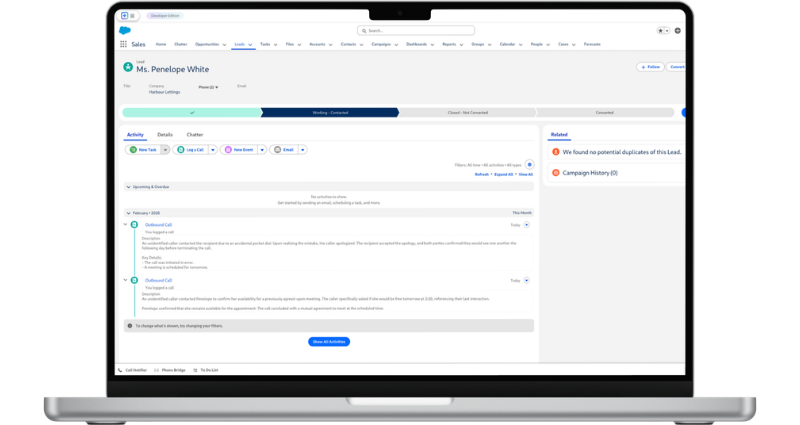 laptop displaying salesforce call record
