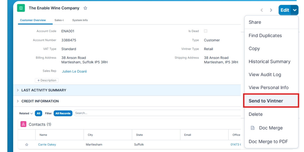 Screenshot showing a sugarcrm account with contacts related and a send to vintner button
