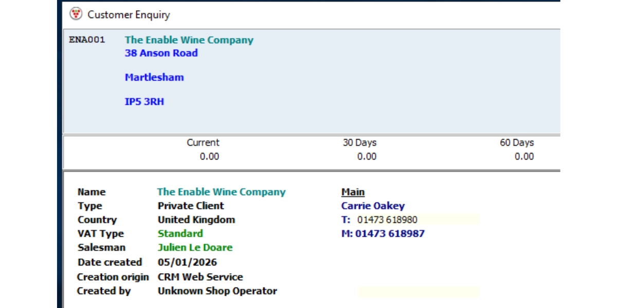Screenshot showing the account which had been transferred into Vintner