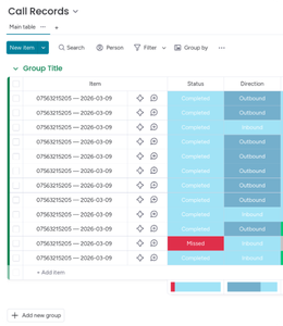 screenshot of monday.com call records board