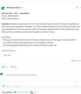 screenshot of the AI call summary in monday.com
