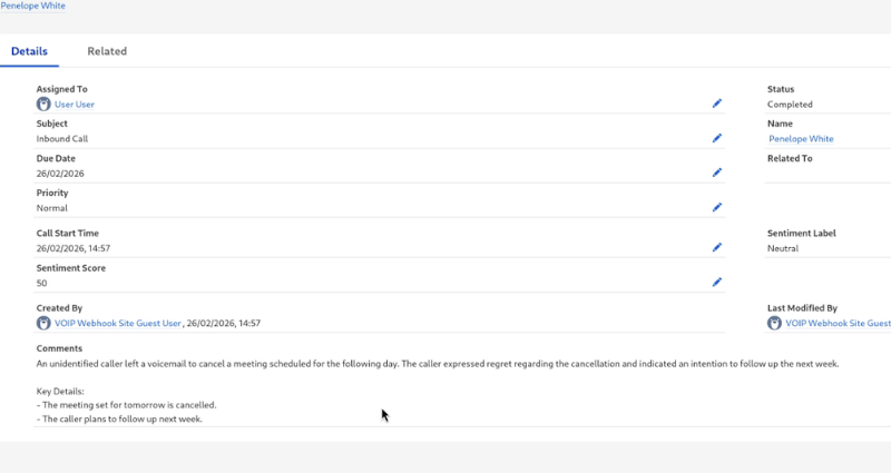 screenshot of the Salesforce call record