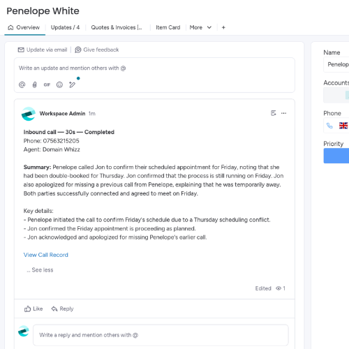 screenshot of the monday.com AI call summary