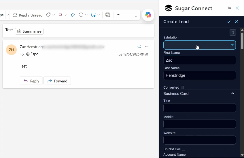 screenshot of the lead creation section of sugar connect