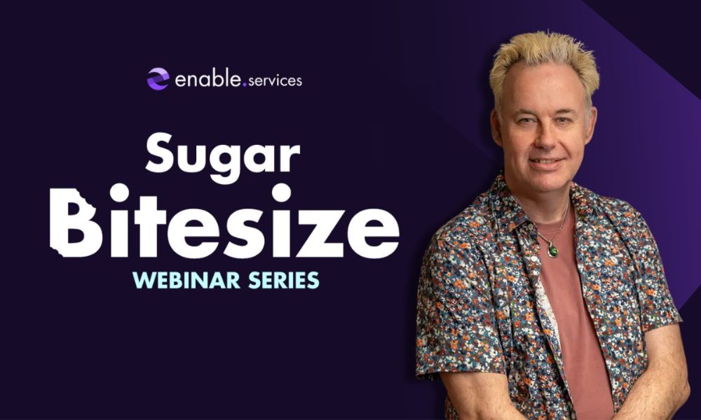 man standing and smiling next to title that says sugar bitesize webinar series