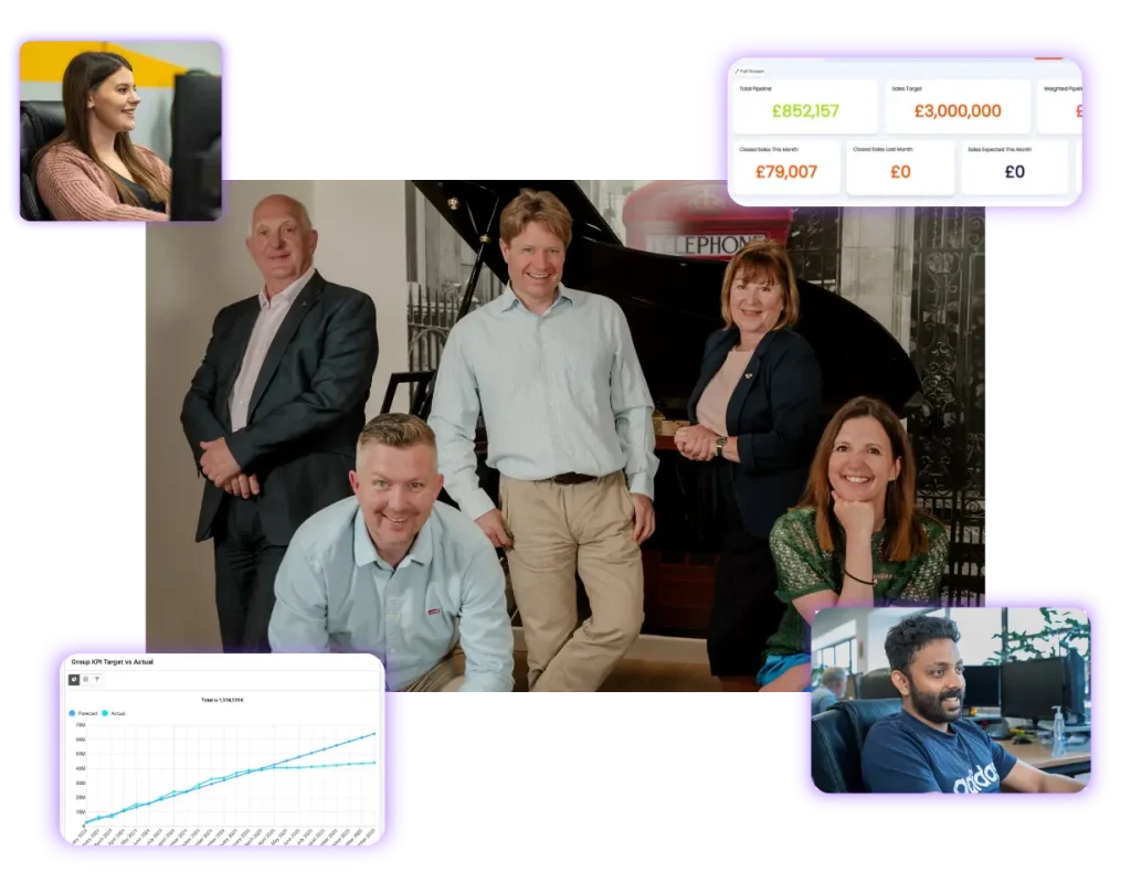 images of staff and screenshots of crm platforms