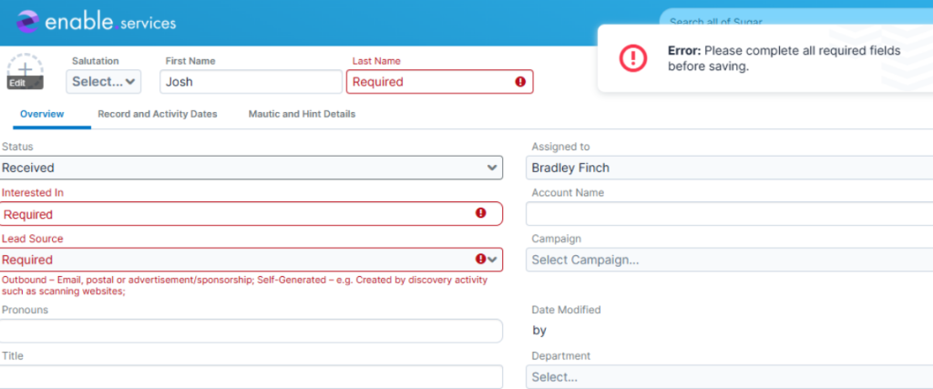 Required fields image for SugarAI