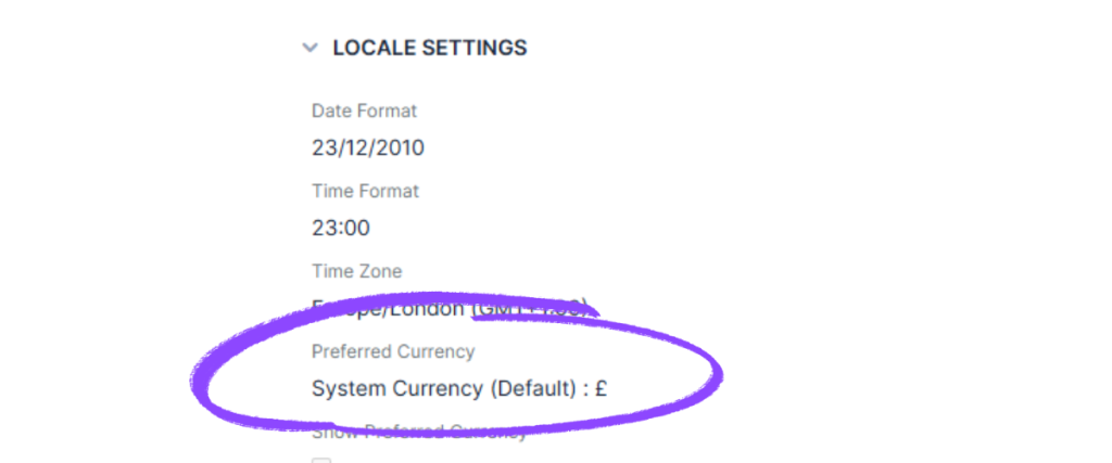 Screenshot showing the currency setting on user profiles of SugarAI