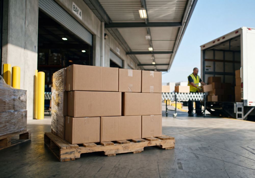 delivery truck delivering a crate of boxes