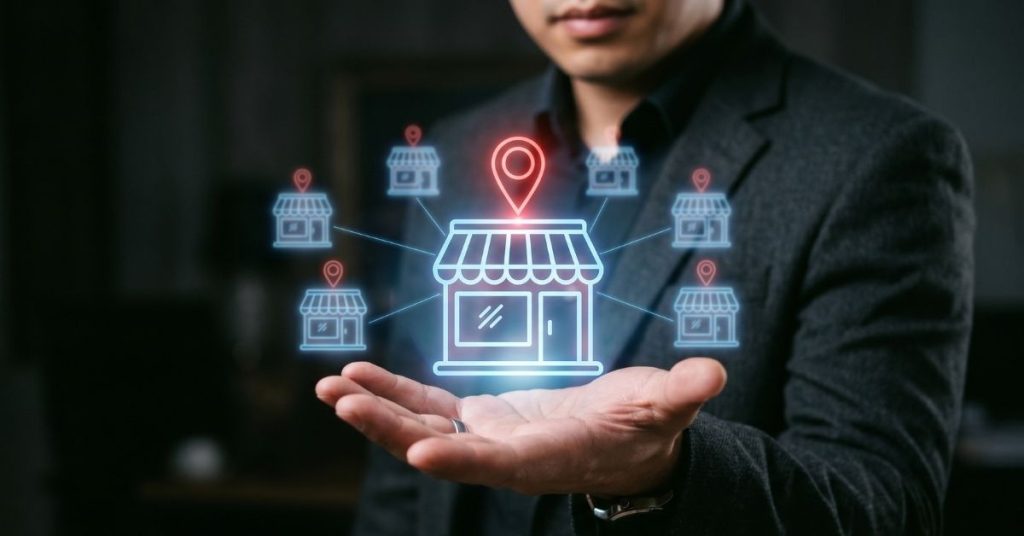 man holding animation displaying a shop location and multiple over franchise shops around it