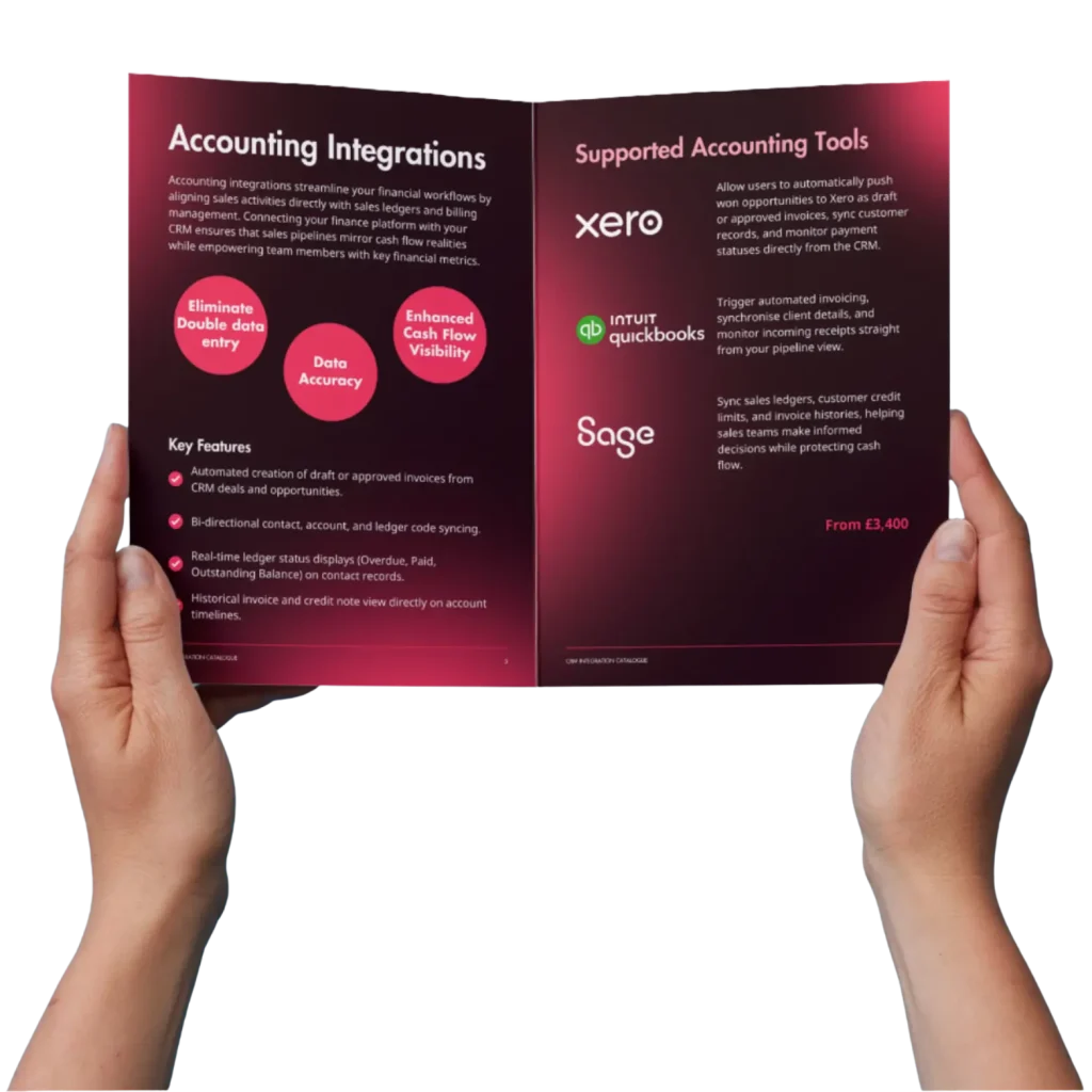 Hands holding open a catalogue showing accounting integrations