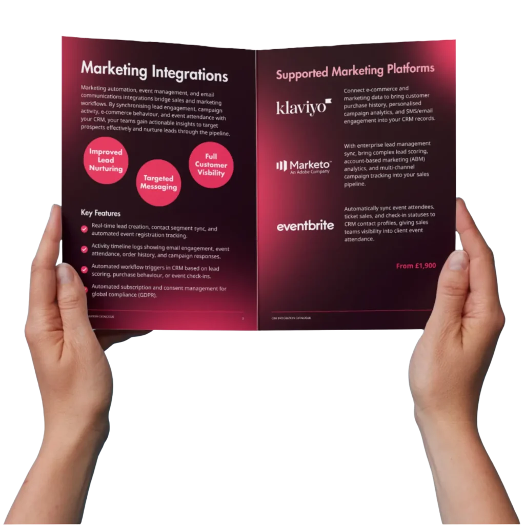 Hands holding open a catalogue showing marketing integrations