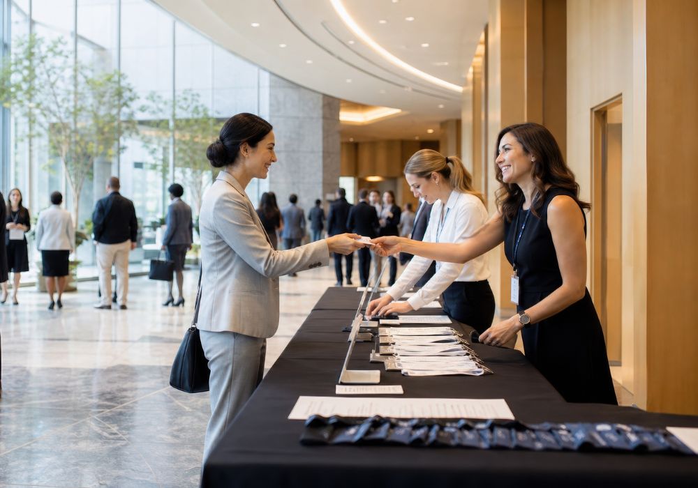 Woman arriving at event greeting woman at a stand with name tags