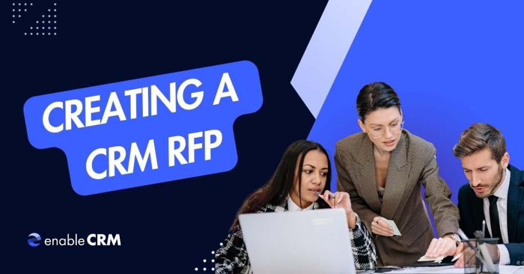 Creating a CRM RFP text next to photo of three people at a desk