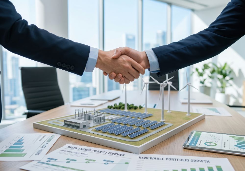 Two men handshaking in an office over city plans
