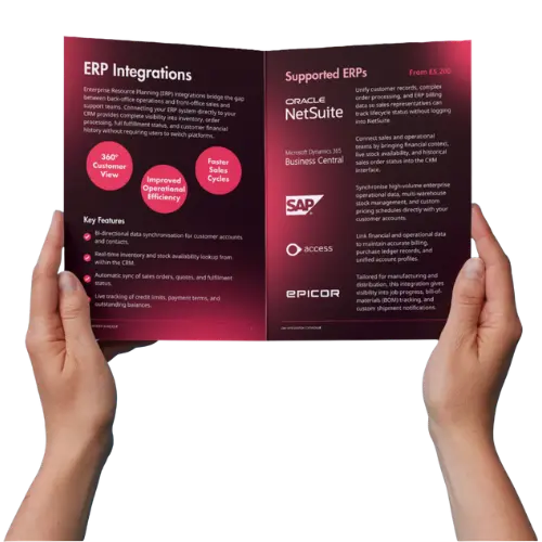 Hands holding open a catalogue showing erp integrations