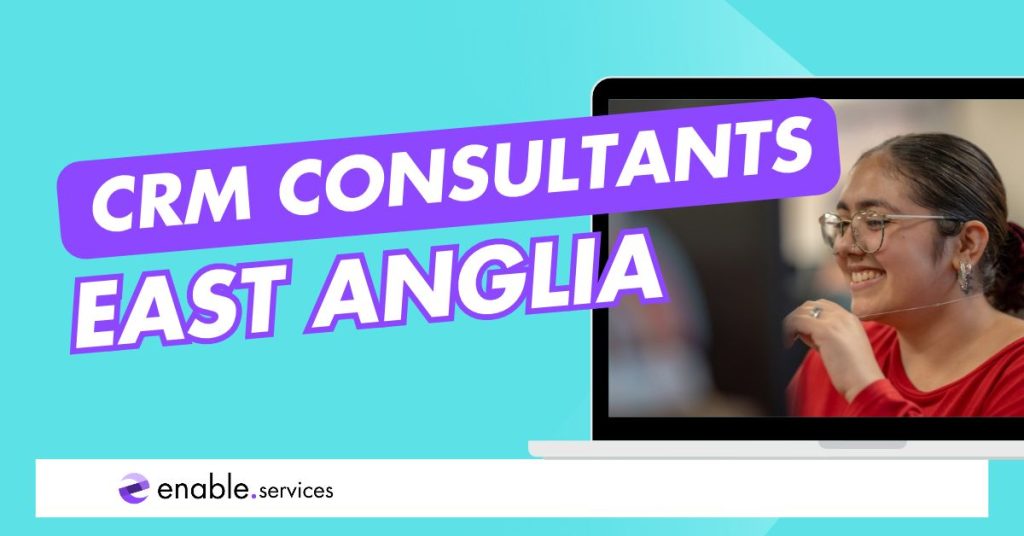 CRm consultants east anglia text next to photo of a woman using computer and smiling