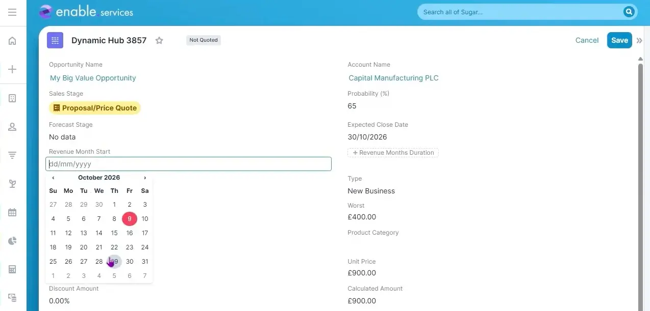 Revenue month start screenshot in sugarcrm