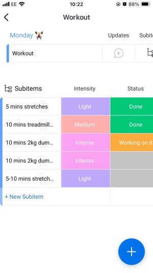 Image of workout schedule colour-labelled on monday.com smartphone app